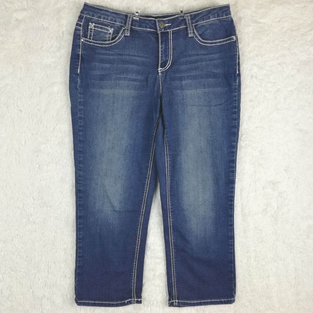 Earl Jean Womens Jeans Crop Blue Denim Embroidered Jewels Indigo Wash‎ 12